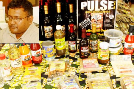 Some of the better-known locally produced agro products expected to be  part of the March 28 agro processors forum. Inset is Guyana Shop Manager Kevin Macklingham.