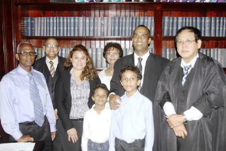 (From left to right) Lloyd Conway Senior, Senior Counsel Robin Stoby, Dinte Conway (wife), Kaden Conway, Sylvia Conway (mother), Ethan Conway, Lloyd Mark Conway and Chief Justice Ian Chang.