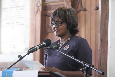 Justice Dawn Gregory delivering the eulogy at the funeral of former APNU MP Deborah Backer. 