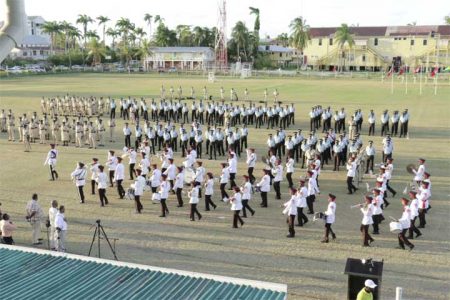 A panoramic view of Guyana Police Force officers marching at the farewell parade of Police Commissioner Leroy Brumell.