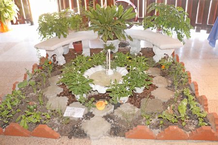 A herb garden submitted by Dawn Sookdeo at the annual Horticultural Show yesterday generated some interest.  The show continues today beginning at 10am and it closes at 6pm.  (Photo by Arian Browne)