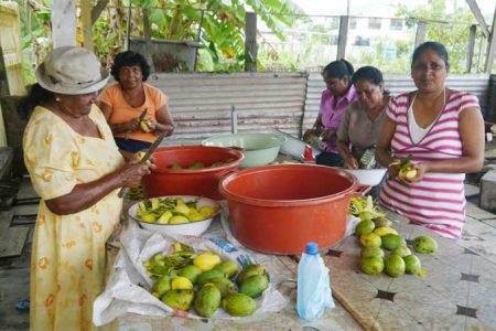 Indra (right) and the other women peeling mangoes to make achar
