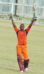 Shimron Hetmyer celebrates his 43-ball 125 (Orlando Charles photo) 