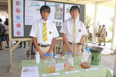 These QC students were showcasing biofuel from new and used vegetable oil