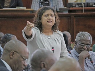 Education Minister Priya Manickchand during her exchanges yesterday with Speaker Raphael Trotman. 