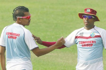 CHANGING OF THE GUARD! Samuel Badree, right has replaced compatriot Sunil Narine as the new T20 number one bowler. (Photo courtesy WICB media)