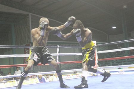 WBC CABOFE Flyweight champion, Dexter Marques (left) on the attack against Jamaican challenger, Rudolph Hedge.