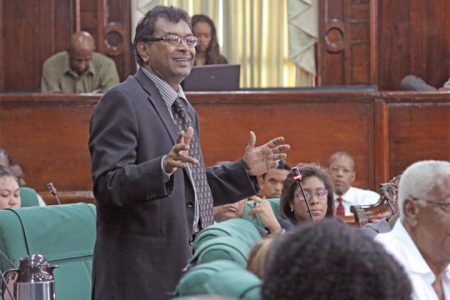 AFC leader Khemraj Ramjattan making a point yesterday during his contribution to this year’s budget debate.