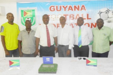 The Newly formed GFF Referees Committee from left to right-Abdulla Hamid, Virgil Watts, GFF President Christopher Matthias, Roy McArthur Trevor Beckles and John Callender 