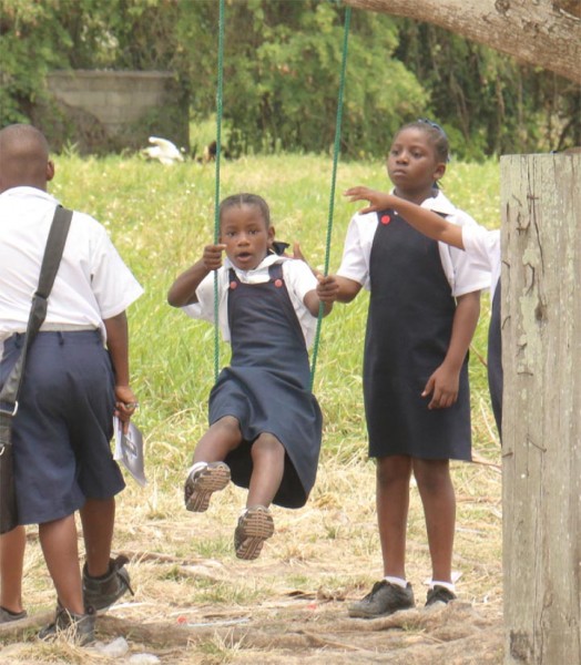 A makeshift swing: Pupils of the Stella Maris Primary School enjoying a makeshift swing – a rope tied to a tree branch on Woolford Avenue. (Photo by Arian Browne)