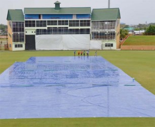 RAIN NO PLAY!  Rain robbed Guyana and Trinidad and Tobago of an outright result in their final WICB four day encounter at the Providence National Stadium yesterday. (Clifton Ross photo)