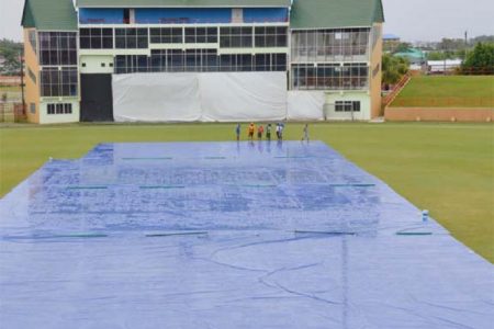 RAIN NO PLAY!  Rain robbed Guyana and Trinidad and Tobago of an outright result in their final WICB four day encounter at the Providence National Stadium yesterday. (Clifton Ross photo)