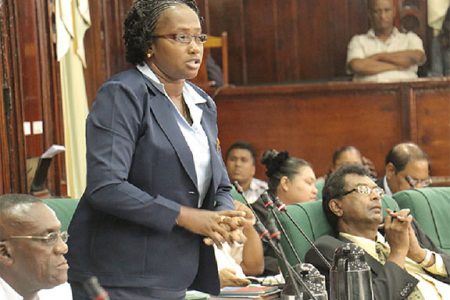 APNU MP Annette Ferguson makes a point during the consideration of estimates for Regions 6 through 10 in the National Assembly yesterday.