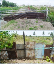  Photos above show the makeshift zinc fence that has been used to block the dam.