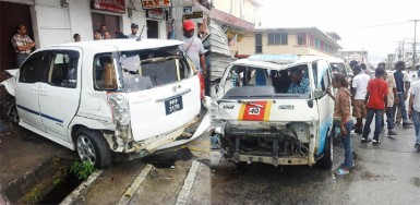 Composite photo showing the car shortly after the collision and the damaged mini bus. 