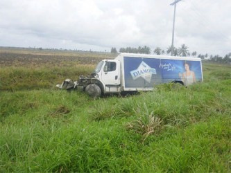 The badly damaged DDL truck in the trench 