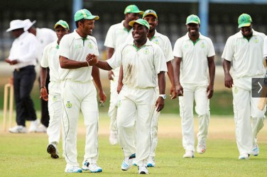 Liam Sebastien and the Windward Islands team celebrate their defeat of Trinidad yesterday. (Photo courtesy WICB media) 