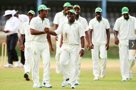 Liam Sebastien and the Windward Islands team celebrate their defeat of Trinidad yesterday. (Photo courtesy WICB media)
