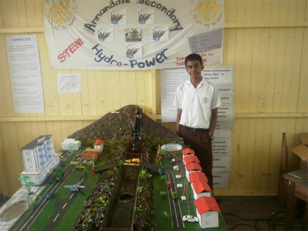 Hydropower: Annandale Secondary School’s Hydropower project on display at the National Science Mathematics and Technology Fair which opened yesterday at the Anna Regina Secondary School, Essequibo Coast. 