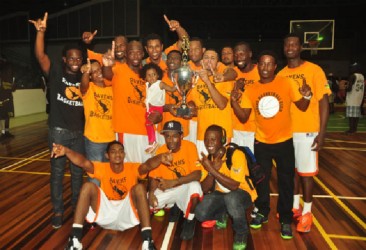 The Ravens team after winning the Road to Mecca club championships earlier this year. Akeem ‘The Dream” Kanhai (seen dunking above)  could prove to be a nightmare for the Alkl Star team.