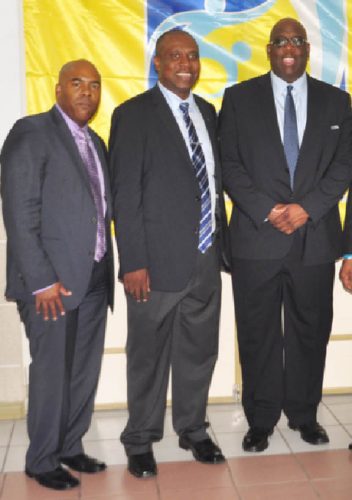GFF President Christopher Matthias (centre) posing with FIFA Developmental Officer Howard McIntosh (right) and CONCACAF Legal Advisor Bruce Blake following the conclusion of the congress (Orlando  Charles photo)