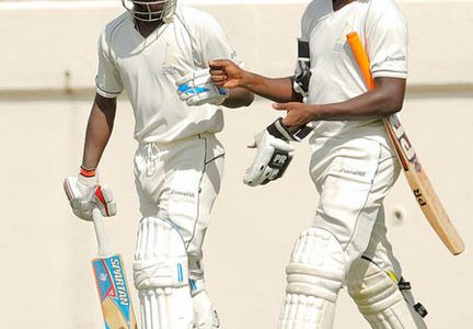 Jermaine Blackwood and Nkrumah Bonner yesterday shared a record second wicket partnership for Jamaica of 180 runs to put their team in a strong position on the opening day of the WICB regional final against the Windward Islands at the Beausejour Ground. Photo by WICB Media/Randy Brooks of Brooks Latouche Photography