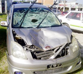 The car which struck down Shafeek Shaw parked in the Parika Police Station compound.  