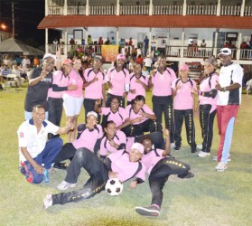 TRUE ANGELS! The victorious Trophy Stall Angels team and supporters which defeated Mike’s Wellwoman to win the female competition of the GFSCA three category tournament which ended on Saturday night at the DCC ground, Queenstown. 