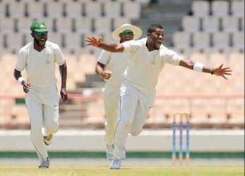 Damion Jacobs celebrates the fall of another Windward Islands wicket during his 8-45 yesterday at the Beausejour Cricket ground in St Lucia. 