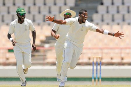 Damion Jacobs celebrates the fall of another Windward Islands wicket during his 8-45 yesterday at the Beausejour Cricket ground in St Lucia.
