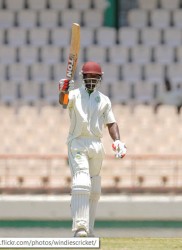 Devon Smith celebrates reaching another milestone. His 17th regional four-day century yesterday but the effort failed to take the Windward Islands past the Jamaicans first innings score. (Photo courtesy of WICB media) 