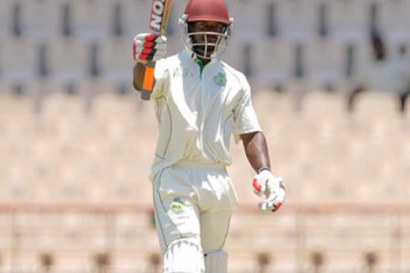 Devon Smith celebrates reaching another milestone. His 17th regional four-day century yesterday but the effort failed to take the Windward Islands past the Jamaicans first innings score. (Photo courtesy of WICB media)
