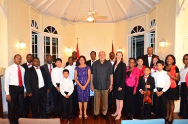 First Lady Deolatchmee Ramotar, President Donald Ramotar (centre), Canadian High Commissioner  Dr. Nicole Giles and members of the Clemsville Music Ensemble  at a recent Easter concert hosted by Canadian High Commission (GINA photo)