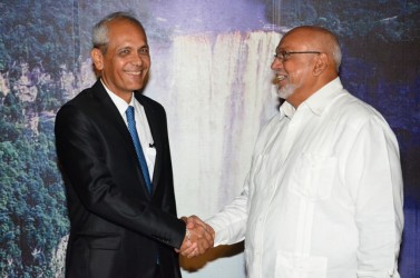 President Donald Ramotar (right) welcomes new Ambassador of France to Guyana   Michael Prom following his accreditation yesterday at the Office of the President. (GINA photo)