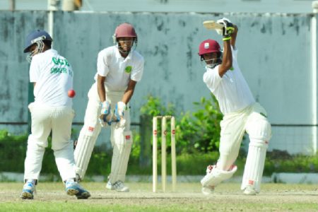 Berbician Balchand Baldeo executes a cover drive yesterday at the GCC Ground
