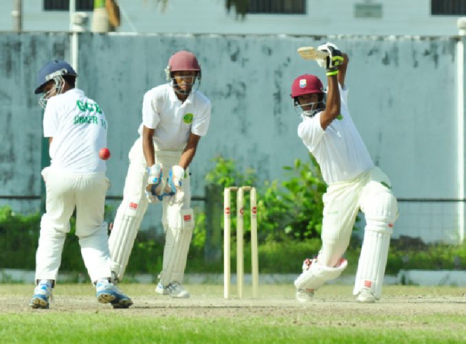 Berbician Balchand Baldeo executes a cover drive yesterday at the GCC Ground
