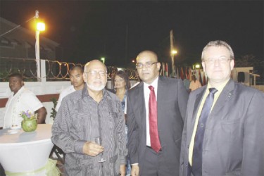 EU reception: From left are President Donald Ramotar, former President Bharrat Jagdeo and EU envoy Robert Kopecky