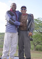 Lennox Braithwaite being congratulated by Guyana’s Captain Mahendra Persaud