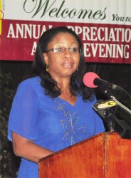 Justice, Roxanne George delivering her feature address at the GOA’s Annual Appreciation and Awards Ceremony which was held Friday night at the Georgetown Club. (Orlando Charles photo) 