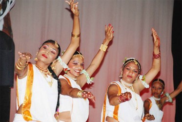 Nadira Shah Berry and the late Indranie Shah Lennartson performing with other dancers during Nrityageet 29. (Stabroek News file photo)