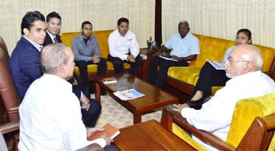 Representatives of Samsung and Starr Computers discussing the proposed new ‘smart school’ with President Donald Ramotar and Education Minister Priya Manickchand