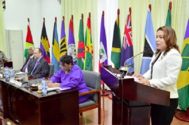 Minister of Foreign Affairs, Carolyn Rodrigues-Birkett delivering remarks at the opening of the 17th Meeting of the Council for Foreign and Community Relations. She is also the new Chair of COFCOR. (GINA photo) 