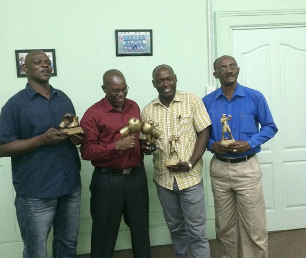 GBA’s president, Steve Ninvalle (second from left) shares a light moment with members of the association’s top brass and the card’s promoter, Mark Young (second from right) following the media update yesterday.  