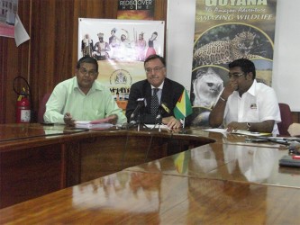 L to R) Director of the Guyana Tourism Authority (GTA), Indranauth Haralsingh, Argentine Ambassador to Guyana Luis Alberto Martino and Minister of Tourism Irfaan Ali.  