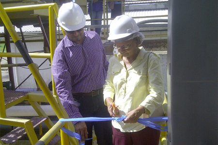 Minister of Natural Resources and the Environment Robert Persaud and Bibi Webster, widow of late CCI CEO Ronald Webster, cutting the ribbon to officially commission the Tetra Pak recycling plant.