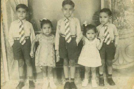 The children of the Kanhai family in 1955. From left: Amar, Asha, Kamal, Meera and Rohit. (Photo courtesy of Kamal Kanhai – Proprietor of Kanhai’s Guyana Electrical Agency)