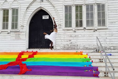 David Sayl of Let’s Dance preforming on the steps of St Georges Cathedral at the 5th International AIDS Candlelight Memorial hosted by SASOD on Sunday.