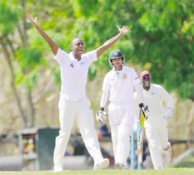 Miguel Cummins appeals for a catch at the wicket off  Marshall Ayub on day three of the four day match between the Sagicor High Performance Centre team and Bangladesh A at Windward Sports Club in Barbados. (photo courtesy of WICB media/Randy Brooks of Brooks La Touche photography. 