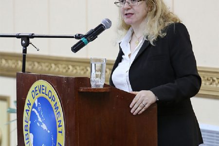 Héla Cheikhrouhou, the Executive Director of the newly-established UN Green Climate Fund, delivering the Caribbean Development Bank’s (CDB) 15th William G. Demas Memorial Lecture at the Pegasus Hotel on Tuesday evening. (CDB photo)
