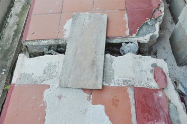A piece of wood had to be used for the wheelbarrows to move to and from the site of the 25-metre pool after this section of the walkway broke.